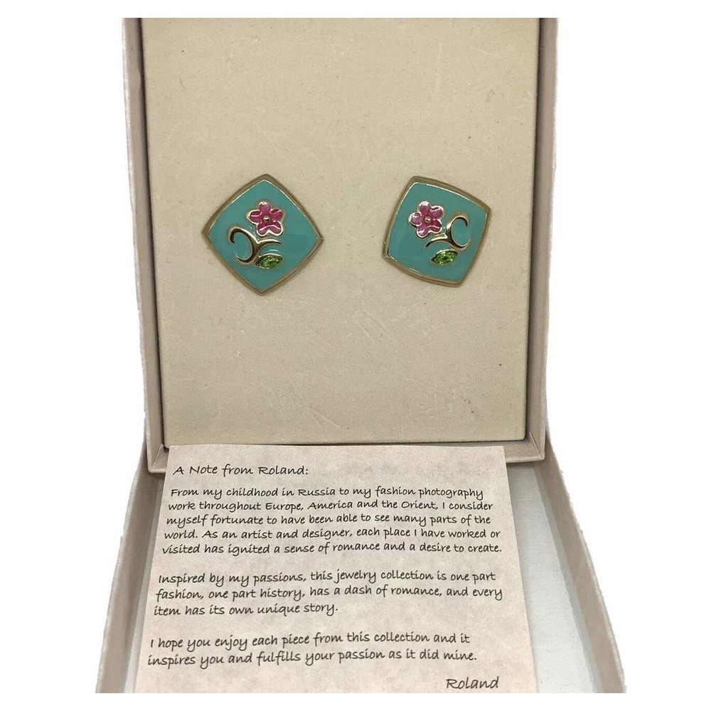 Vintage Roland Earrings Flowers Blue Pink Enamel Pierced Gold Tone Made India